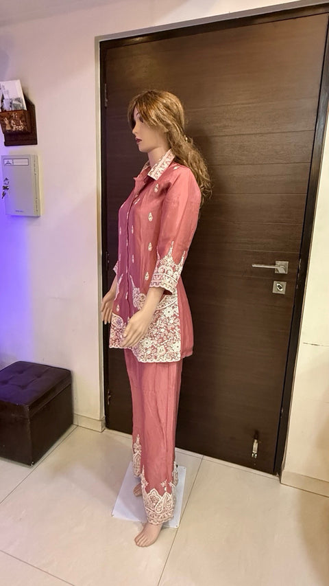 Puja Peach Pink Heavy Embroidered Coord Set